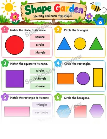 Basic Shape Garden · 2D Shapes — Kindergarten worksheet preview