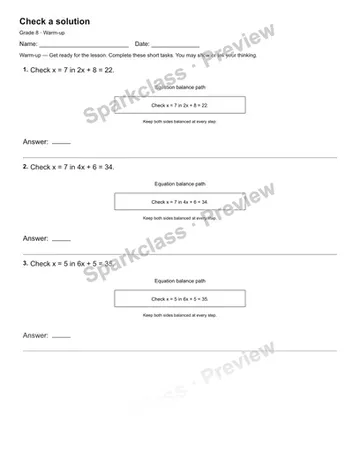 Check a solution — Warm-up — Grade 8 worksheet preview