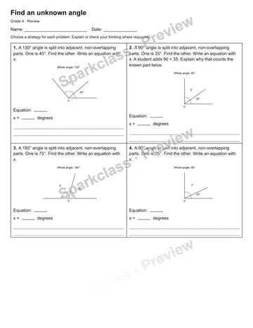 Find an unknown angle — Review — Grade 4 worksheet preview