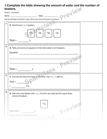 1.Complete the table showing the amount of water and the number of beakers. — Homework — Grade 5 worksheet preview