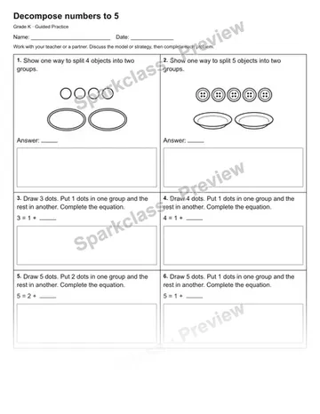 Decompose numbers to 5 — Guided Practice — Kindergarten worksheet preview