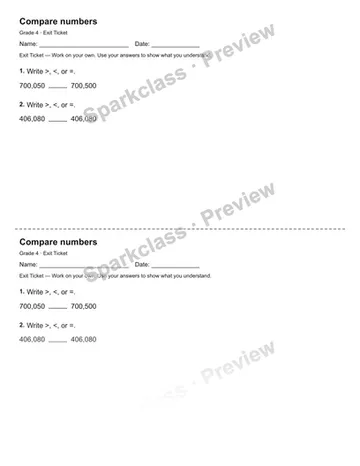 Compare numbers — Exit Ticket — Grade 4 worksheet preview