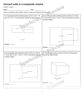 Convert units in a composite volume — Review — Grade 8 worksheet preview