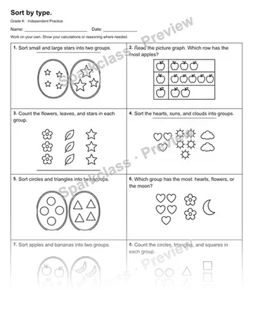 Sort by type. — Independent Practice — Kindergarten worksheet preview
