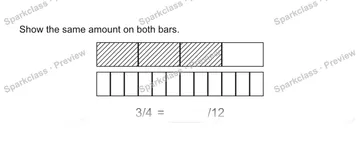 Show the same amount on both bars. 3/4 = /12 — Grade 5 problem preview