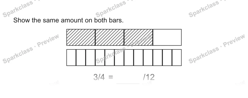 Show the same amount on both bars. 3/4 = /12 — page 1
