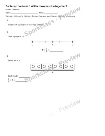 Each cup contains 1/4 liter. How much altogether? — Warm-up — Grade 5 worksheet preview