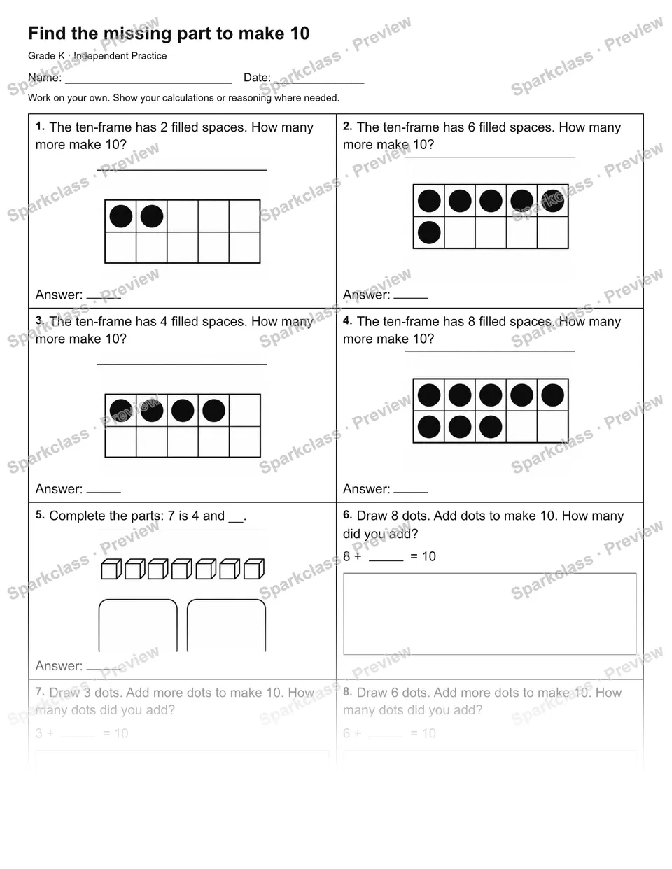 Find the missing part to make 10 — Independent Practice — page 1