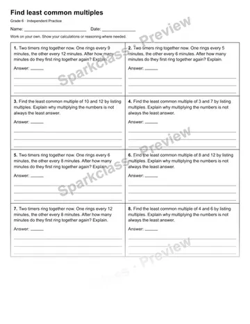 Find least common multiples — Independent Practice — Grade 6 worksheet preview