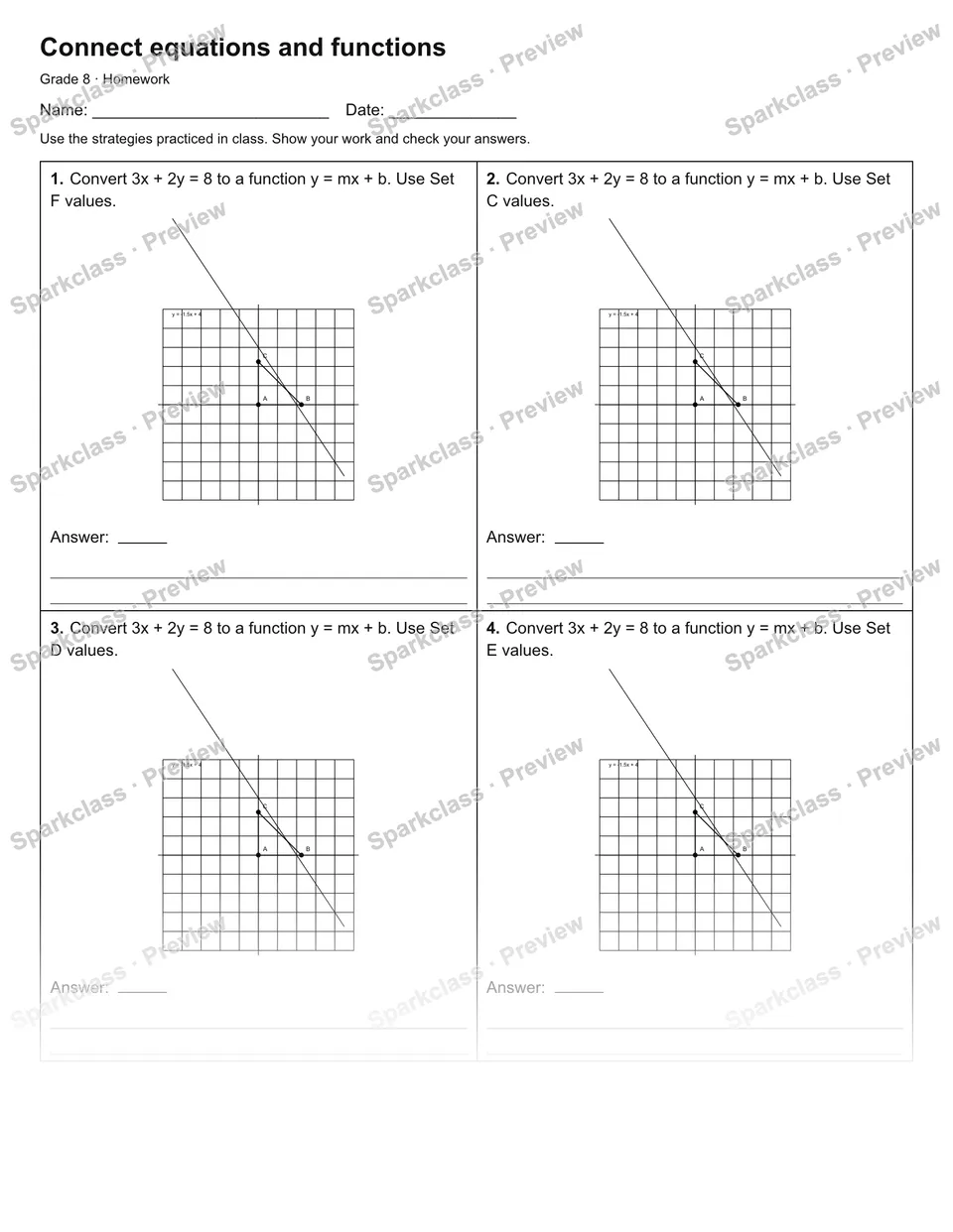 Connect equations and functions — Homework — page 1