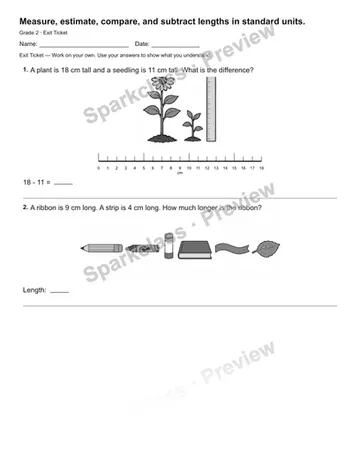 Measure, estimate, compare, and subtract lengths in standard units. — Exit Ticket — Grade 2 worksheet preview