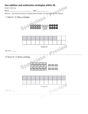 Use addition and subtraction strategies within 20. — Warm-up — Grade 2 worksheet preview