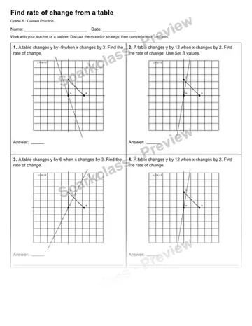 Find rate of change from a table — Guided Practice — Grade 8 worksheet preview
