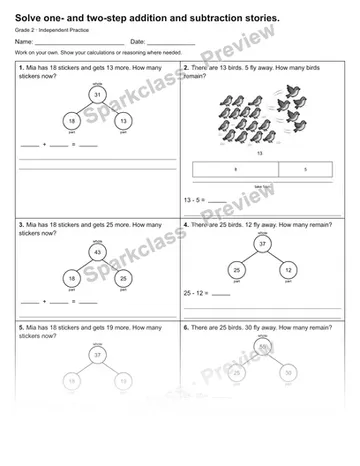 Solve one- and two-step addition and subtraction stories. — Independent Practice — Grade 2 worksheet preview
