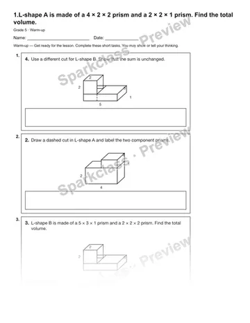 1.L-shape A is made of a 4 × 2 × 2 prism and a 2 × 2 × 1 prism. Find the total volume. — Warm-up — Grade 5 worksheet preview