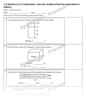 1.A distance is 3.2 kilometers. Use the model to find the equivalent in meters. — Independent Practice — Grade 5 worksheet preview