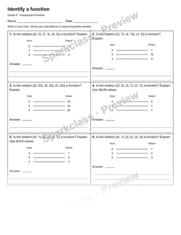 Identify a function — Independent Practice — Grade 8 worksheet preview
