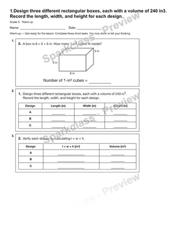 1.Design three different rectangular boxes, each with a volume of 240 in3. Record the length, width, and height for each design. — Warm-up — Grade 5 worksheet preview