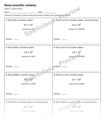Read scientific notation — Guided Practice — Grade 8 worksheet preview
