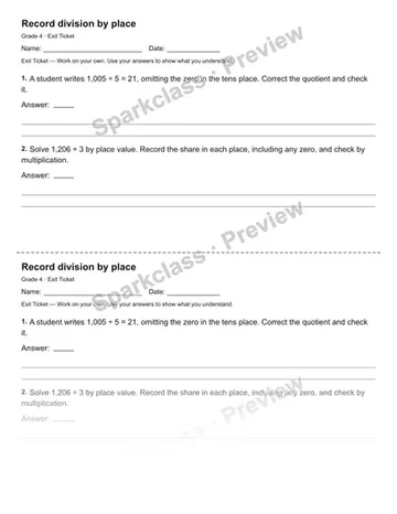 Record division by place — Exit Ticket — Grade 4 worksheet preview