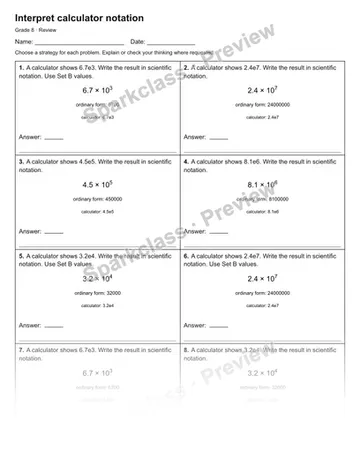 Interpret calculator notation — Review — Grade 8 worksheet preview