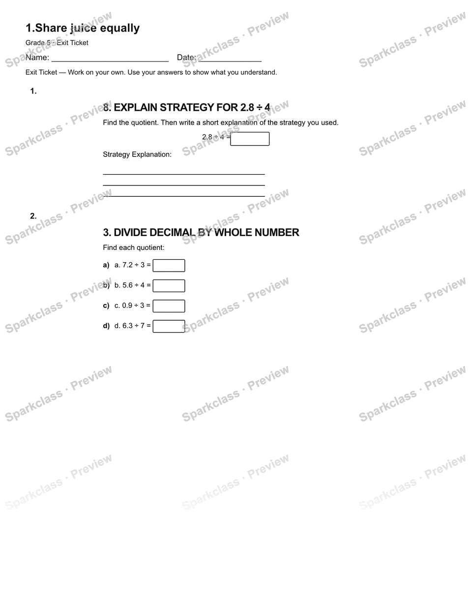 1.Share juice equally — Exit Ticket — page 1