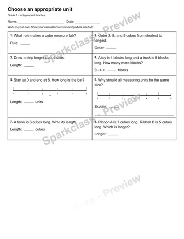 Choose an appropriate unit — Independent Practice — Grade 1 worksheet preview