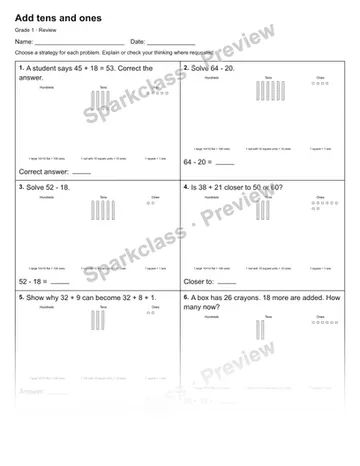 Add tens and ones — Review — Grade 1 worksheet preview