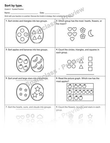 Sort by type. — Guided Practice — Kindergarten worksheet preview