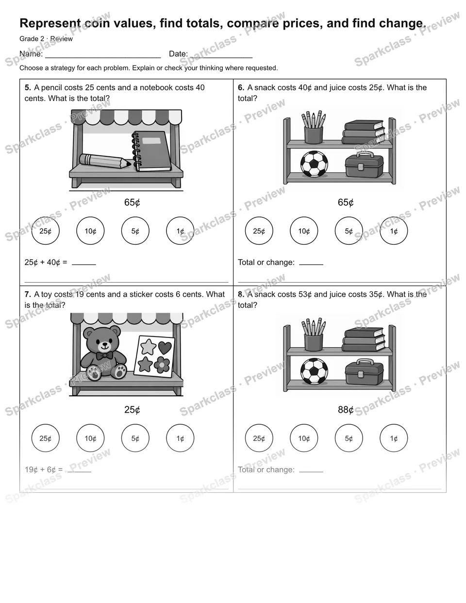 Represent coin values, find totals, compare prices, and find change. — Review — page 2