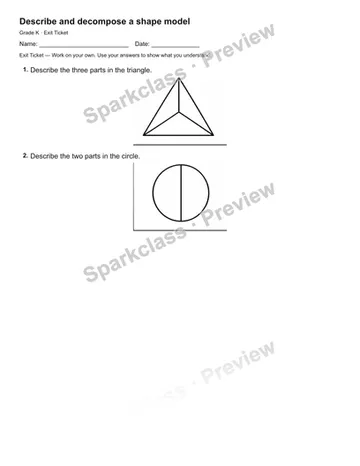 Describe and decompose a shape model — Exit Ticket — Kindergarten worksheet preview