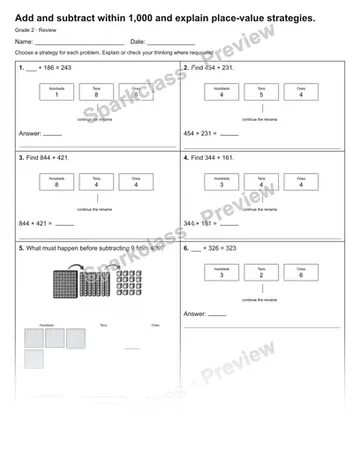 Add and subtract within 1,000 and explain place-value strategies. — Review — Grade 2 worksheet preview