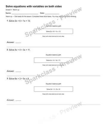 Solve equations with variables on both sides — Warm-up — Grade 8 worksheet preview