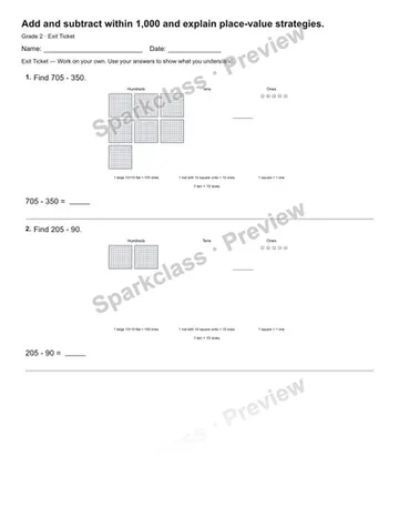 Add and subtract within 1,000 and explain place-value strategies. — Exit Ticket — Grade 2 worksheet preview