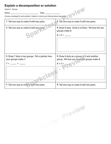 Explain a decomposition or solution — Review — Kindergarten worksheet preview