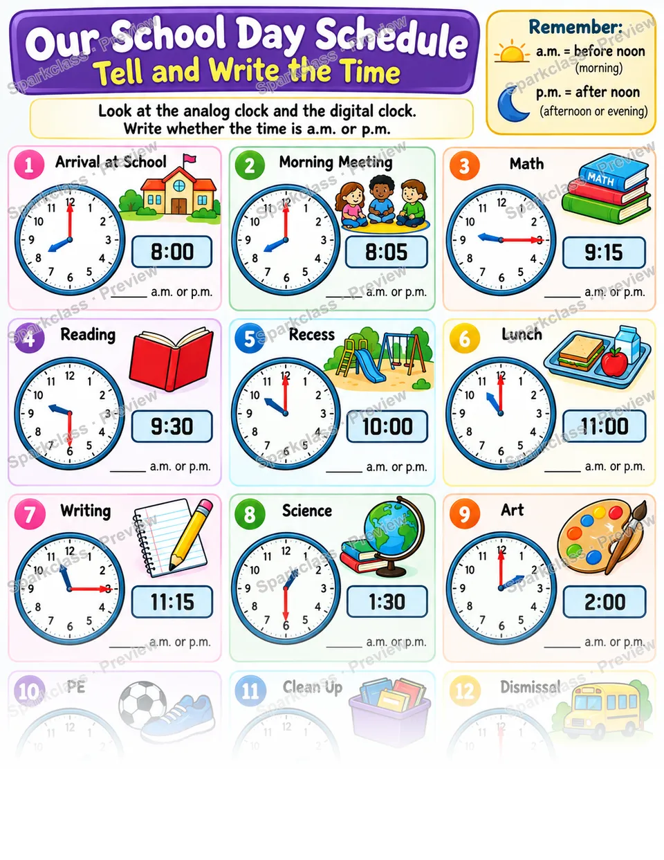 School Day Schedule · Tell Time to Five Minutes — page 1