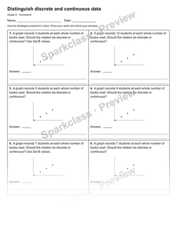 Distinguish discrete and continuous data — Homework — Grade 8 worksheet preview