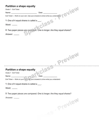 Partition a shape equally — Exit Ticket — Grade 1 worksheet preview