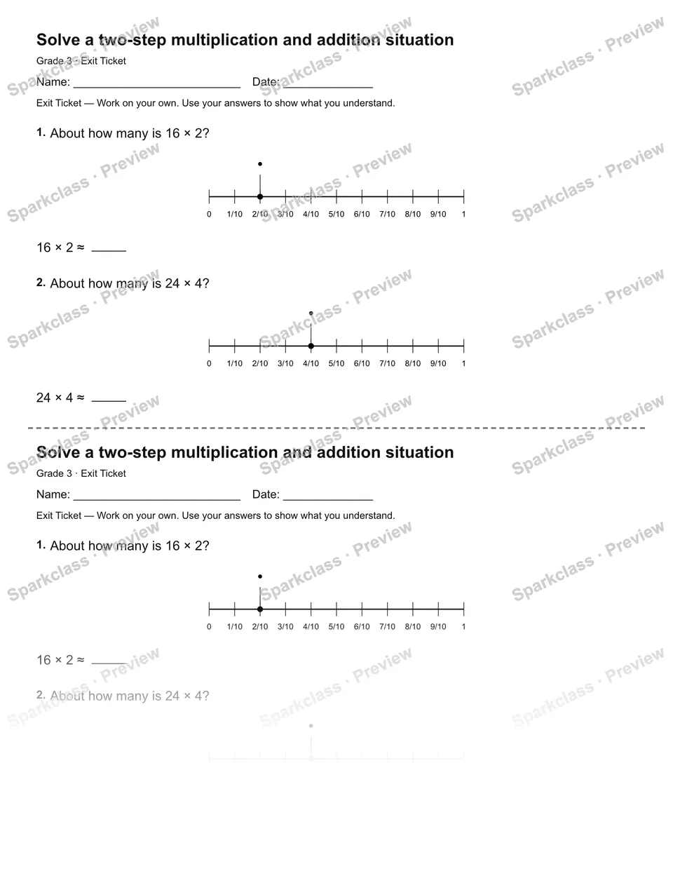 Solve a two-step multiplication and addition situation — Exit Ticket — page 1