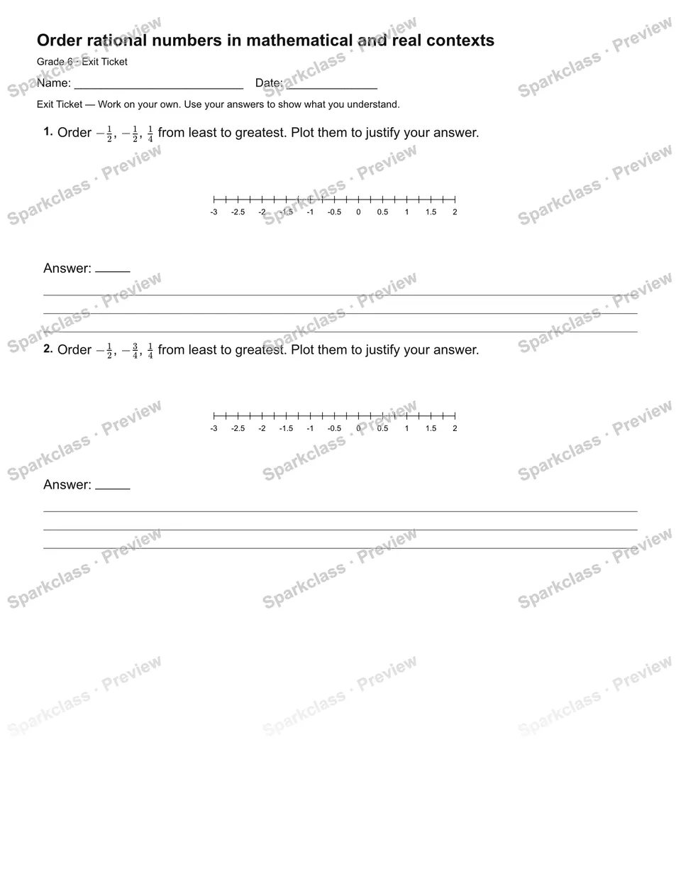 Order rational numbers in mathematical and real contexts — Exit Ticket — page 1