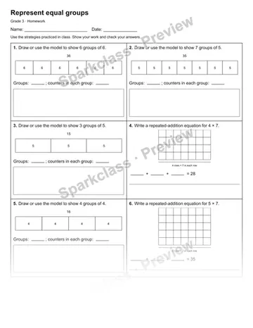 Represent equal groups — Homework — Grade 3 worksheet preview