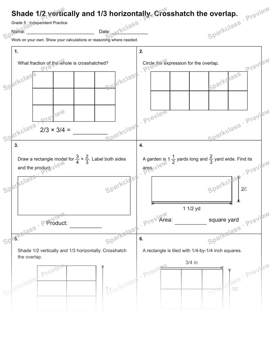 Shade 1/2 vertically and 1/3 horizontally. Crosshatch the overlap. — Independent Practice — page 1