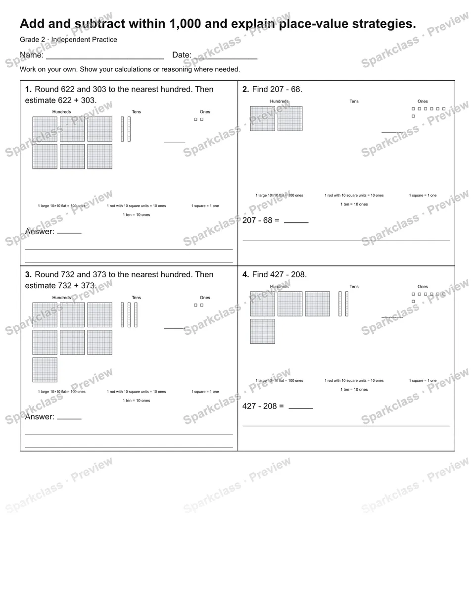 Add and subtract within 1,000 and explain place-value strategies. — Independent Practice — page 1