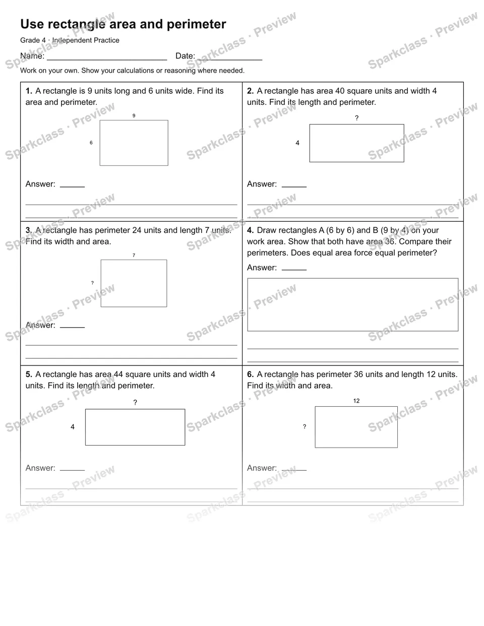 Use rectangle area and perimeter — Independent Practice — page 1
