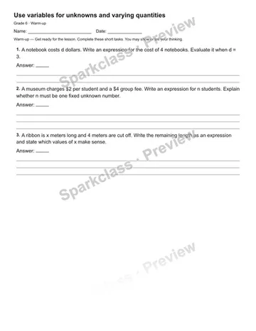 Use variables for unknowns and varying quantities — Warm-up — Grade 6 worksheet preview