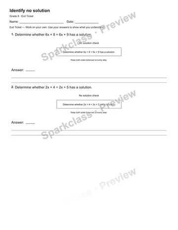 Identify no solution — Exit Ticket — Grade 8 worksheet preview