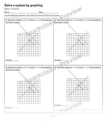 Solve a system by graphing — Homework — Grade 8 worksheet preview