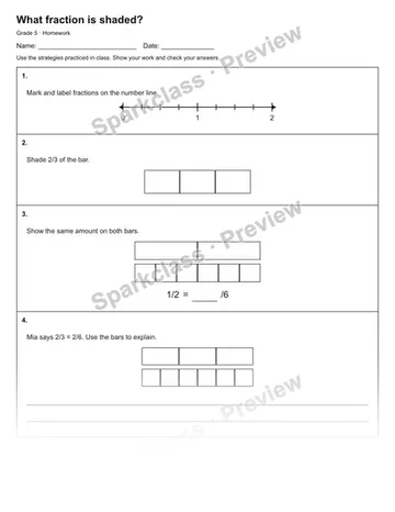 What fraction is shaded? — Homework — Grade 5 worksheet preview