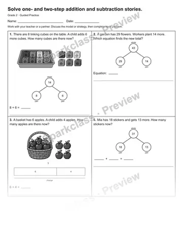 Solve one- and two-step addition and subtraction stories. — Guided Practice — Grade 2 worksheet preview