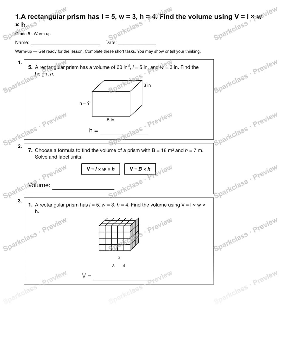 1.A rectangular prism has l = 5, w = 3, h = 4. Find the volume using V = l × w × h. — Warm-up — page 2